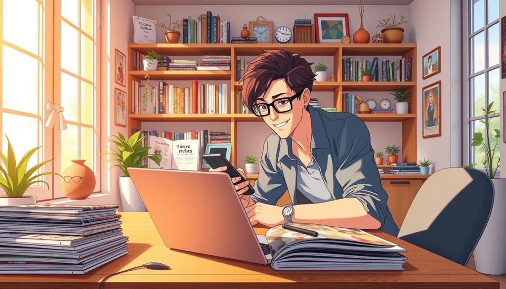 A bright, airy home office, bathed in warm, natural light filtering through large windows. On the desk, a laptop and smartphone sit alongside a stack of glossy magazines. The user, a stylish millennial, leans in intently, scrolling through their device, a mischievous grin hinting at the amusing memes they've discovered. Shelves in the background display an eclectic mix of books, plants, and quirky knickknacks, creating a cozy, inspiring atmosphere. The scene conveys a sense of discovery, exploration, and the joy of finding hidden digital gems.