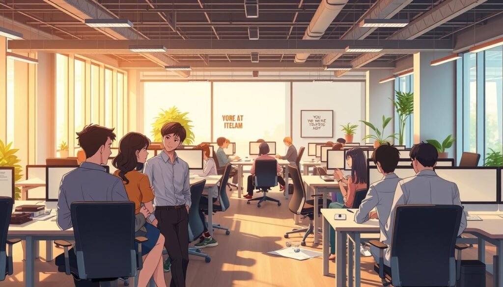 A bustling open-office workspace, bathed in warm, diffused lighting from floor-to-ceiling windows. Sleek, minimalist desks and ergonomic chairs populate a spacious, clutter-free environment. In the foreground, a group of colleagues engaged in a lighthearted discussion, their body language and facial expressions conveying a sense of camaraderie and professional rapport. The middle ground features a mix of focused individuals typing at their computers and colleagues collaborating at a conference table, while the background showcases a vibrant office culture with motivational wall art and greenery. The overall atmosphere exudes a balance of productivity, creativity, and social connection - an image of a mature, respectful workplace culture.
