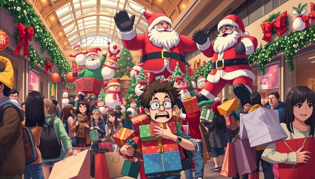 A bustling shopping mall during the holiday season, with a humorous twist. In the foreground, a frazzled shopper, arms overflowing with colorfully wrapped gifts, navigates a chaotic crowd of fellow holiday enthusiasts. The middle ground features a haphazard display of inflatable snowmen, garish tinsel, and a tangled mess of fairy lights, creating a delightfully absurd scene. In the background, a giant mechanical Santa Claus waves frantically, its movements jerky and erratic, adding to the comedic atmosphere. Warm lighting casts a soft, festive glow, and the overall composition has a slightly off-kilter, exaggerated quality, capturing the spirit of holiday shopping humor.