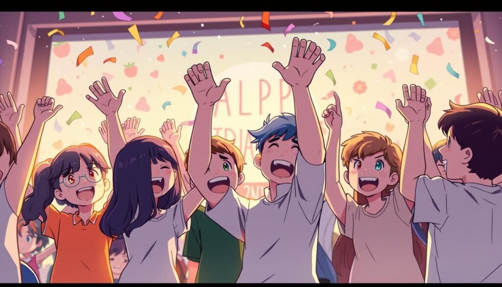 A celebratory and whimsical scene of a milestone achievement, captured through a vibrant and dynamic meme-inspired illustration. In the foreground, a group of cheerful cartoon characters excitedly raising their hands, conveying a sense of accomplishment and joy. The middle ground features a stylized background with playful patterns, confetti, and other festive elements, creating a lively and engaging atmosphere. The lighting is warm and inviting, with a slight cinematic glow that adds depth and dimension to the image. The overall composition is balanced and visually striking, inviting the viewer to share in the excitement of the milestone celebration.