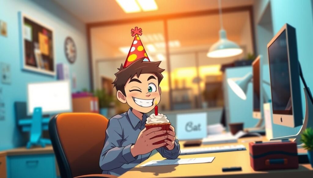 A cheerful, brightly-lit office setting, with a desk, computer, and other workday essentials. In the foreground, a coworker is sitting at the desk, wearing a party hat and a mischievous grin, holding a cupcake with a single candle. The background is blurred, creating a sense of focus on the celebratory moment. The lighting is warm and inviting, creating a playful, humorous atmosphere. The image conveys a lighthearted and joyful birthday celebration among colleagues.
