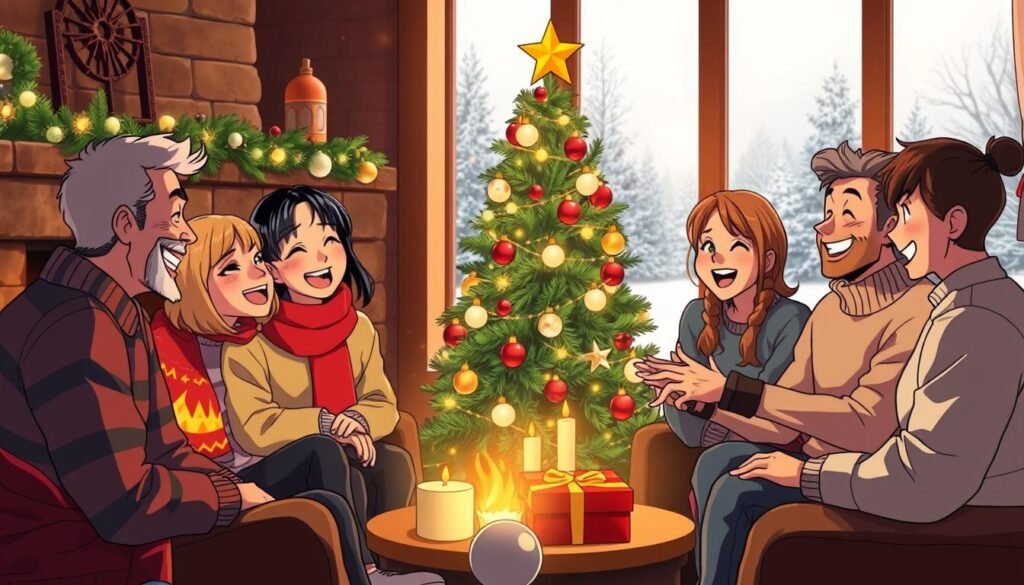 A cheerful family gathered around a cozy fireplace, exchanging humorous stories and sharing a heartwarming moment. In the foreground, a group of friends and relatives are laughing and exchanging playful banter, their expressions conveying a sense of camaraderie and holiday spirit. The middle ground features a well-decorated Christmas tree, its twinkling lights casting a warm glow on the scene. In the background, a large window offers a glimpse of a snowy winter landscape, adding to the festive atmosphere. The lighting is soft and natural, capturing the intimate and joyful mood of the gathering. The overall composition and styling evoke a sense of holiday humor and the bonds of friendship and family.