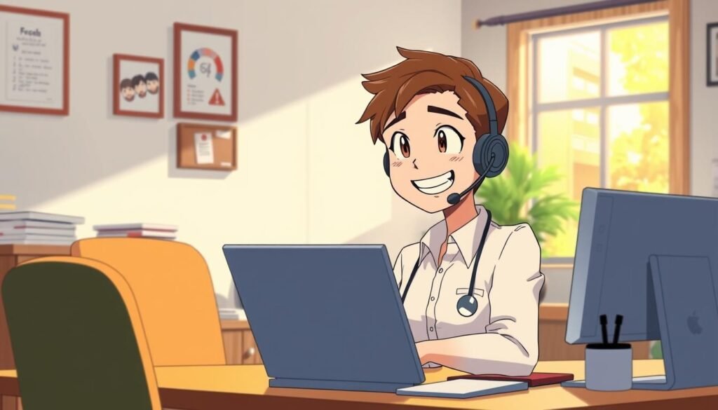 A cheerful office scene with a support agent confidently resolving a customer's issue. The agent's expression radiates a sense of satisfaction and accomplishment, against a backdrop of a neatly organized workstation with a computer, headset, and desk accessories. Warm, natural lighting from a nearby window creates a cozy, productive atmosphere. The overall composition conveys the "quick win" of swiftly addressing a customer's concern, reflecting the title "When You Resolve Your First Support Issue of the Day".