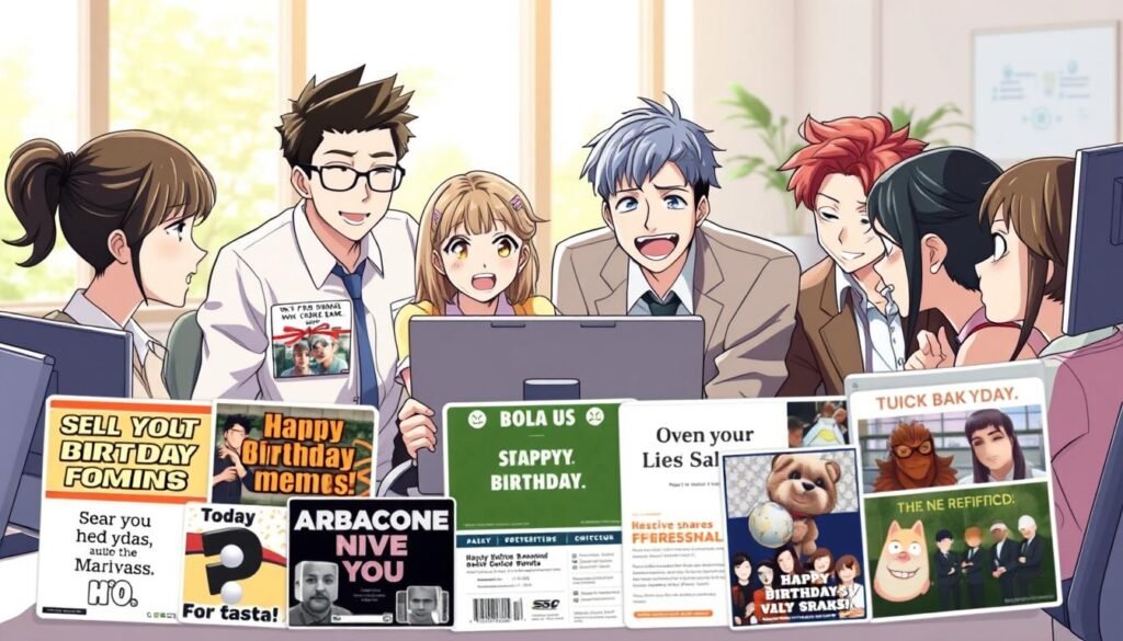 A cheerful office setting with a group of colleagues gathered around a desk, sharing amusing birthday memes on their computer screens. Bright natural lighting filters through the windows, creating a warm and inviting atmosphere. The team members are dressed in a mix of casual and business attire, their expressions animated as they engage with the digital content. In the foreground, a carefully curated selection of popular internet memes is displayed, capturing the playful and lighthearted nature of the moment. The overall scene conveys a sense of camaraderie and shared celebration, perfectly encapsulating the "Tips for Sharing Birthday Memes at Work" theme.