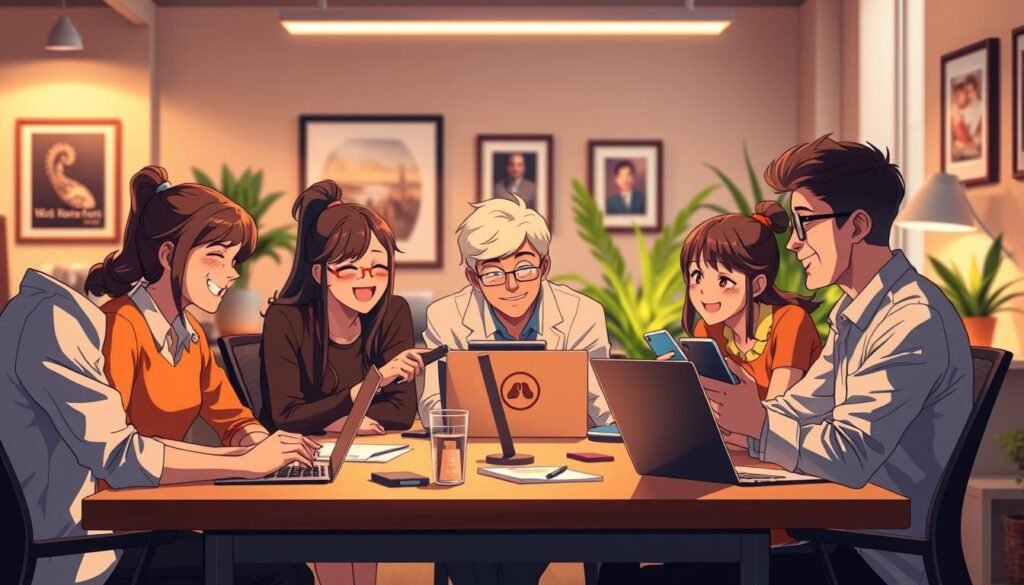 A cheerful office setting, with colleagues gathered around a desk, enthusiastically sharing memes on their laptops and smartphones. Warm, diffused lighting illuminates the scene, creating a relaxed, collaborative atmosphere. The foreground features the shared display of a meme, its humorous content eliciting laughter and camaraderie among the group. In the middle ground, the colleagues lean in, their expressions animated as they engage with the content. The background showcases the familiar office environment, with potted plants, framed artwork, and a cozy, open-plan layout that fosters a sense of community and connection.