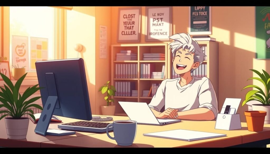 A cheerful, productive office scene bathed in warm, natural lighting. In the foreground, a desk with a laptop, a mug of coffee, and a small potted plant. The middle ground features a coworker chuckling at a humorous meme on their screen, their expression lively and engaged. In the background, a wall adorned with playful, motivational posters and a bookshelf filled with reference materials. The overall atmosphere conveys a sense of lightness, creativity, and a healthy work-life balance.