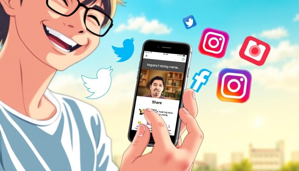 A cheerful, vibrant scene of a person sharing a humorous internet meme on various social media platforms. In the foreground, a smiling, casually dressed individual holds a smartphone, their fingers poised to tap the "Share" button. The screen displays a popular meme, its comedic elements clear and engaging. In the middle ground, a collage of popular social media app logos - Twitter, Facebook, Instagram - float ethereally, creating a sense of digital connectivity. The background is a warm, sunny outdoor setting, with a blurred cityscape or natural landscape, conveying a sense of positivity and the joy of sharing content in the modern digital age. Soft, diffused lighting casts a gentle glow, and the composition is balanced and inviting, capturing the essence of sharing a beloved meme with the world.