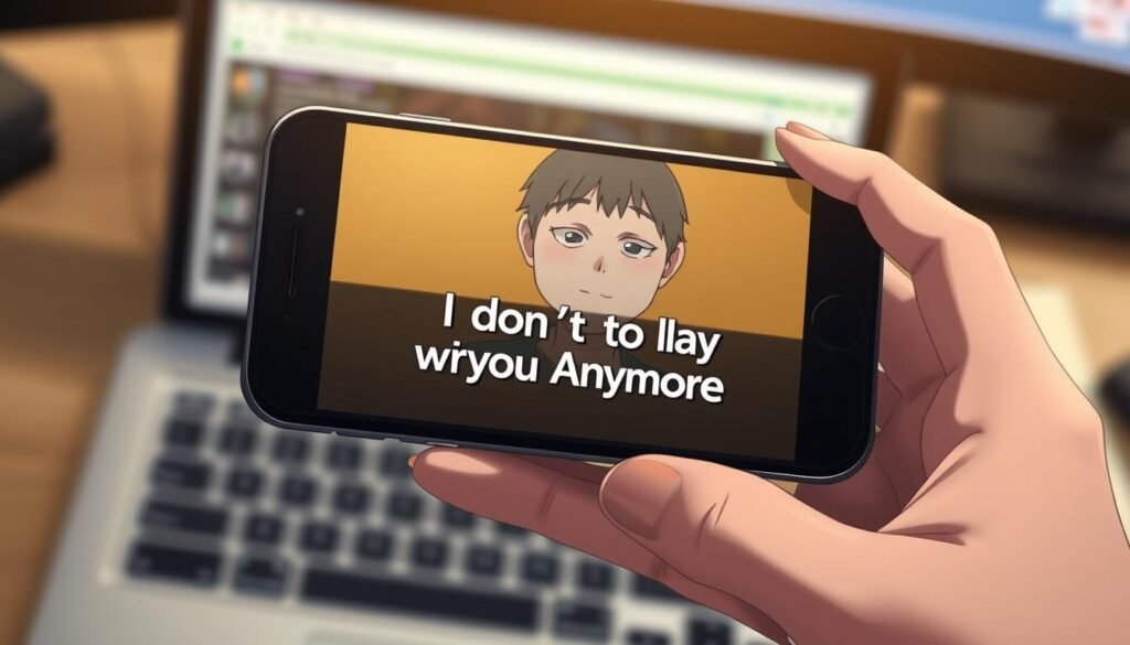 A close-up, hyper-realistic image of a hand holding a smartphone displaying the "I Don't Want to Play with You Anymore" meme, against a blurred background of a desktop workspace. The screen showcases the meme in crisp detail, with a neutral expression on the character's face. The lighting is soft and diffused, creating a warm, inviting atmosphere. The composition emphasizes the central focus on the smartphone screen, drawing the viewer's attention to the meme itself. The overall mood is one of simplicity and minimalism, allowing the meme to take center stage.