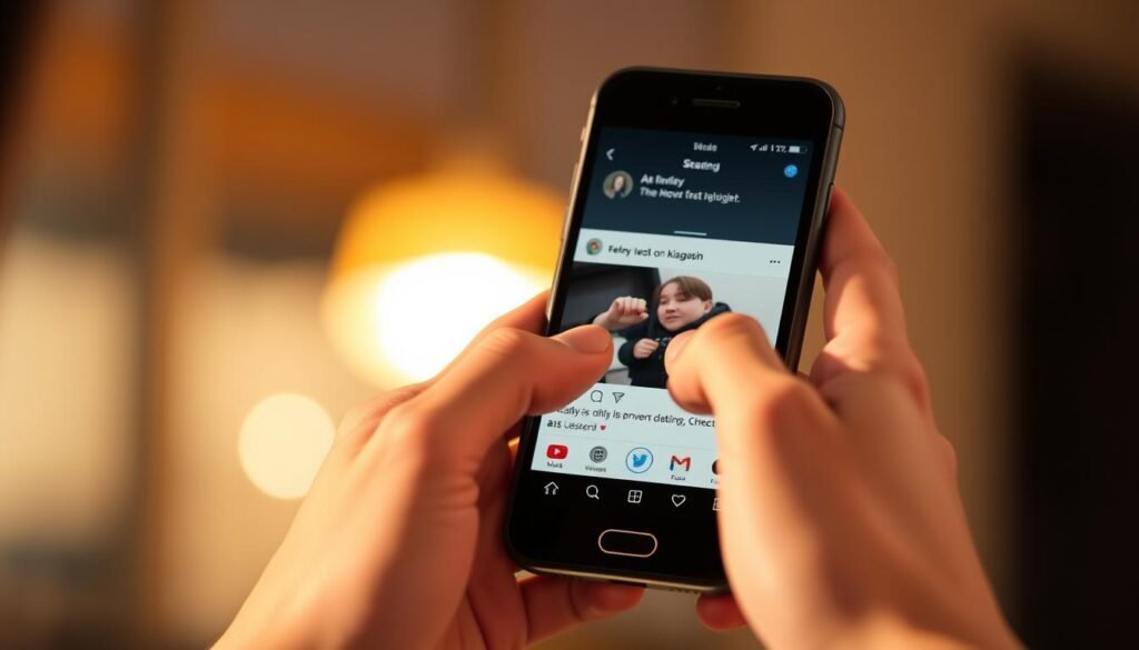 A close-up shot of two hands holding a smartphone, the screen displaying a popular internet meme against a blurred, softly-lit background. The fingers swipe and tap the display, mimicking the motion of sharing the meme on various social media platforms. Warm, diffused lighting casts a gentle glow, creating a sense of casual, everyday interaction. The composition emphasizes the act of digital content curation and dissemination, capturing the ubiquity of meme culture in the modern social media landscape.