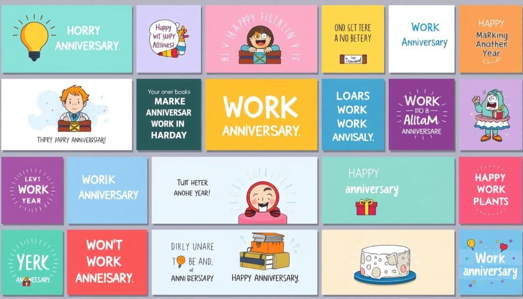 A collection of vibrant, humorous work anniversary memes set against a stylish, minimalist background. The memes feature lighthearted illustrations and playful typography capturing the celebratory spirit of marking another year at the workplace. The memes are displayed in a clean, visually striking grid layout, with a balanced use of bright colors, subtle textures, and modern design elements. The overall mood is upbeat, cheerful, and visually engaging, inviting the viewer to explore and connect with the relatable, shareable work anniversary sentiments.