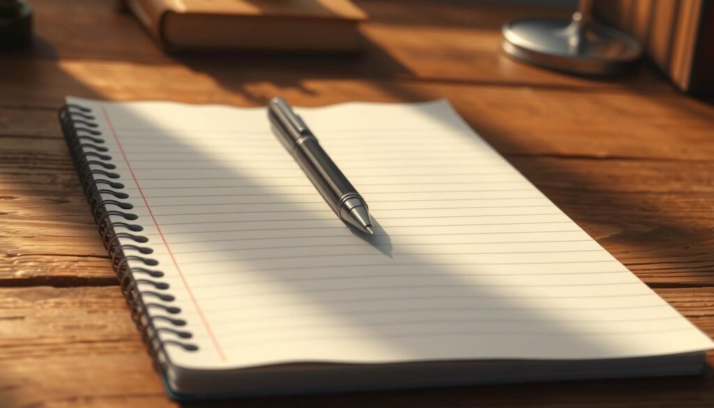 A college-ruled notebook page lies on a weathered wooden desk, the edges slightly frayed. A pen rests atop the page, its nib poised, as if mid-sentence. The background is bathed in a soft, warm light, casting gentle shadows that add depth and dimension. The scene evokes a sense of contemplation and focus, as if the viewer is about to embark on a important academic task - a movie review assignment. The overall mood is pensive, yet purposeful, hinting at the significance of the work to come.