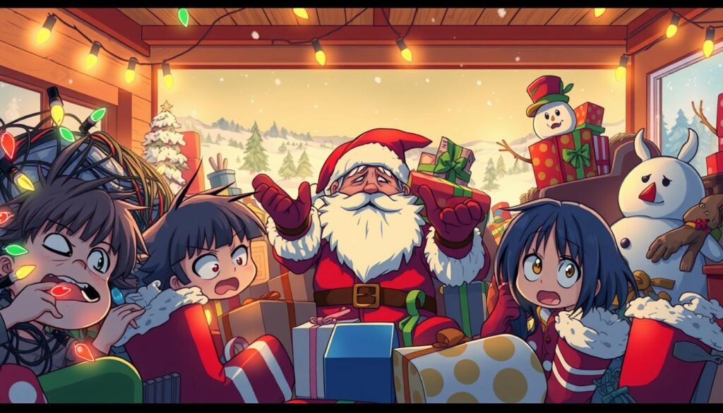 A comically chaotic holiday scene, showcasing a variety of humorous "holiday stress" memes. In the foreground, meme-inspired characters struggle with tangled lights, overcrowded gift-wrapping, and overflowing stockings. The middle ground features a frazzled, caffeine-fueled Santa Claus, his sleigh overloaded with presents. In the background, a winter landscape with a snowman wearing a sarcastic expression. Warm, cozy lighting casts a festive glow, contrasting with the exasperated faces of the figures. Captured with a wide-angle lens, the image conveys the overwhelmed yet amusing spirit of the holiday season.