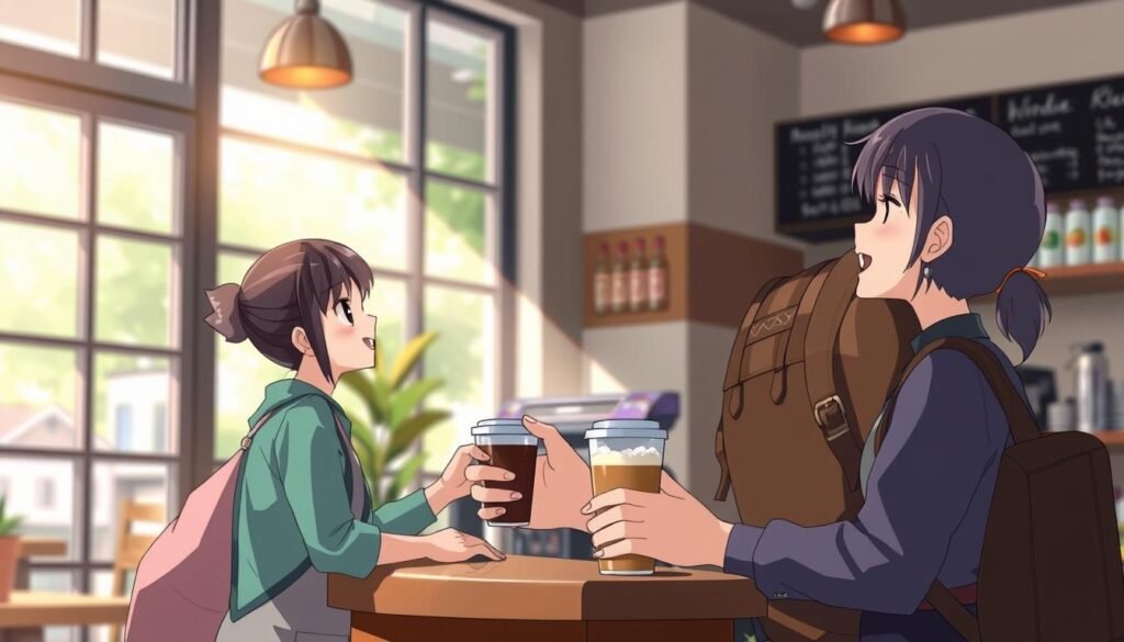 A cozy coffee shop interior, natural sunlight filtering through large windows. Two customers, a regular and a barista, engaged in a friendly conversation, their body language and facial expressions conveying a sense of personal connection. The barista is handing the customer their favorite drink, a warm smile exchanged between them. The background is blurred, focusing the viewer's attention on the foreground interaction. The overall mood is one of warmth, familiarity, and a positive customer-service experience.
