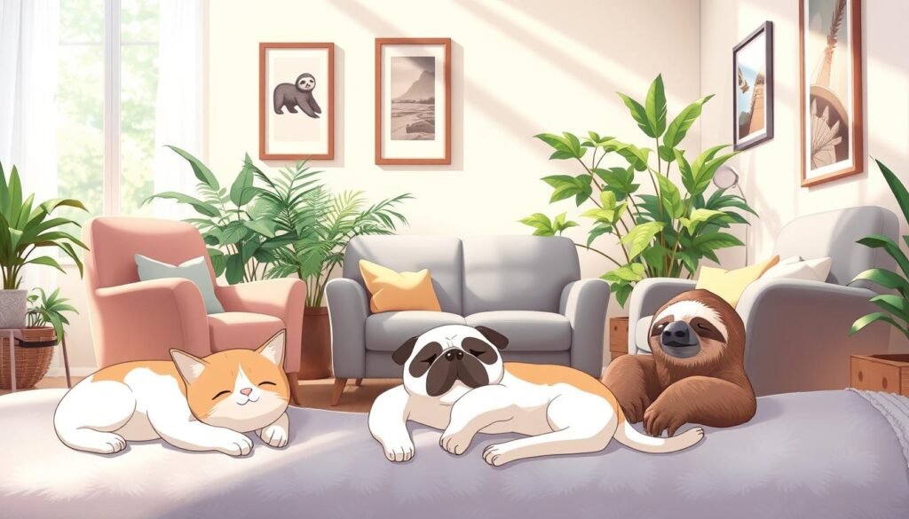 A cozy, sun-dappled living room, with plush armchairs and a fluffy gray sofa. Framed art prints and lush, verdant plants create a serene, inviting atmosphere. In the foreground, a group of adorable, meme-inspired animals - a sleepy cat, a lounging bulldog, and a yawning sloth - capture the essence of Saturday relaxation. Soft, diffused lighting bathes the scene, evoking a sense of tranquility and ease. The overall mood is one of lighthearted, stress-free contentment, perfectly embodying the spirit of "Saturday Memes That Capture the Essence of Relaxation".