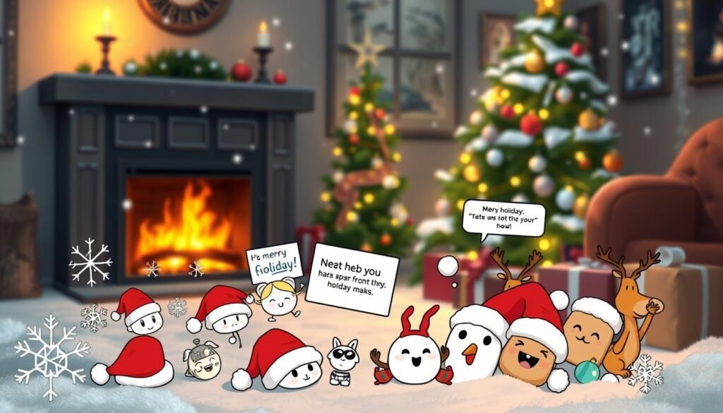 A cozy winter scene, with a fireplace in the background casting a warm glow. In the foreground, a collection of humorous memes and illustrations capturing the whimsical spirit of the holidays - snowflakes, Santa hats, reindeer, and other festive icons arranged playfully. The middle ground features a stylized Christmas tree adorned with ornaments and twinkling lights. The overall mood is lighthearted and joyful, with a touch of vintage charm. Soft, diffused lighting illuminates the scene, creating a nostalgic, inviting atmosphere. The composition is balanced and visually engaging, showcasing the "holiday spirit" through a tapestry of amusing, relatable meme-style visuals.