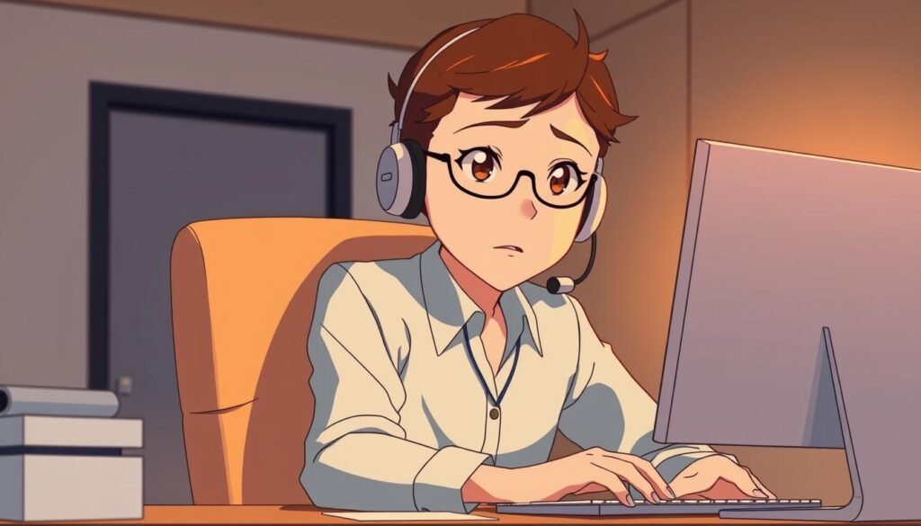 A customer service representative sits at a desk, intently focused on a computer screen. Warm, directional lighting illuminates their face, creating a sense of concentration and problem-solving. The background features a minimalist office setting, with clean lines and muted colors that don't distract from the central figure. The agent's expression conveys a blend of empathy and determination, as they navigate through a complex customer issue, searching for the best solution. The scene evokes a sense of professionalism and dedication in the face of a challenging task, capturing the essence of effective problem-solving in the realm of customer support.