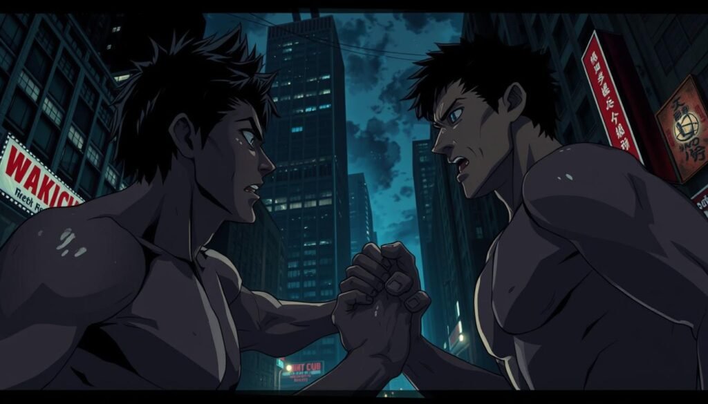 A dark, gritty cityscape at night, with the iconic buildings of the "Fight Club" movie in the background. In the foreground, two men are engaged in a bare-knuckle brawl, their faces intense with determination and their bodies glistening with sweat. The scene is captured in high contrast, with dramatic shadows and highlights, creating a sense of raw, visceral energy. The lighting is somber, casting an ominous mood over the entire composition. The camera angle is low, putting the viewer right in the midst of the action, heightening the sense of immersion and connection with the subject matter.