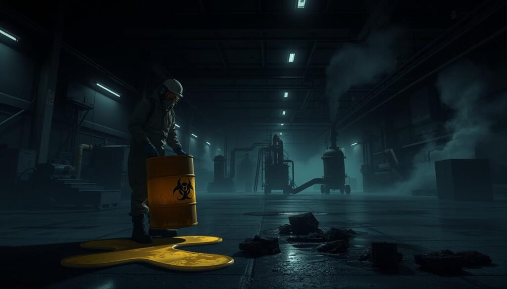 A dark, industrial warehouse interior with ominous lighting and a hazy atmosphere. In the foreground, a worker wearing a hazmat suit and respirator is handling a glowing, leaking barrel labeled with biohazard symbols. Pools of toxic waste are visible on the concrete floor, emitting noxious fumes. In the middle ground, various industrial equipment and machinery loom, casting long shadows. The background is obscured by thick smoke, giving the scene an eerie, unsettling mood. The camera angle is low, emphasizing the sense of danger and risk. Cinematic lighting with dramatic shadows and highlights creates a foreboding and tense atmosphere.