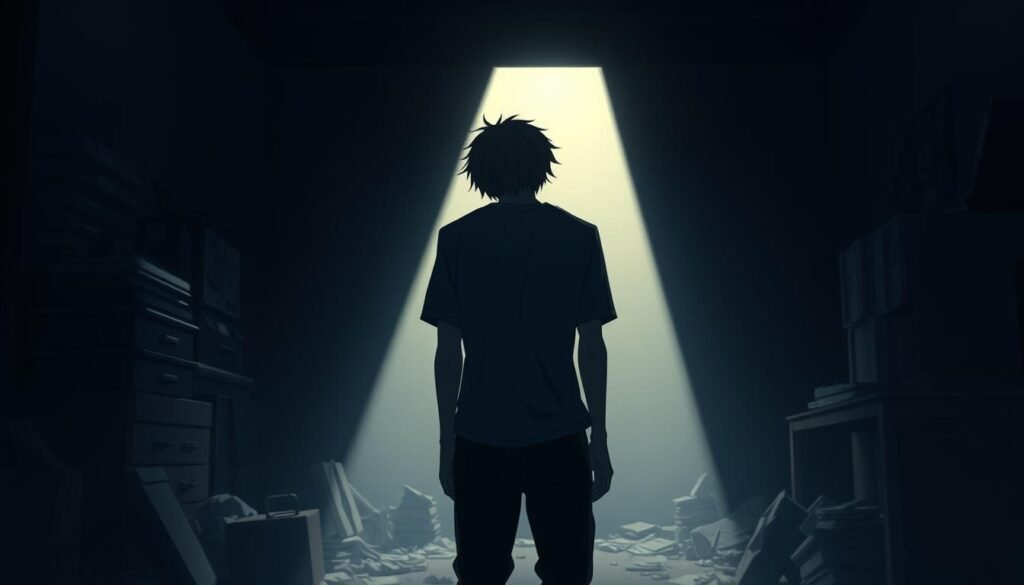 A dejected, exasperated person standing in a dimly lit, cluttered room, their shoulders slumped and head hung low, conveying a sense of resignation and a desire to disengage. The figure is backlit, casting a long shadow that stretches across the messy, disorganized environment, symbolizing the burden of the situation. Subtle, moody lighting casts a somber, melancholic atmosphere, emphasizing the subject's emotional state. The overall composition evokes a feeling of ennui and a reluctance to continue engaging with the circumstances at hand.