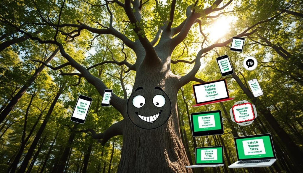 A dense forest canopy, sun-dappled leaves casting playful shadows. In the foreground, a whimsical tree with cartoon-like branches and a mischievous expression, its bark textured and weathered. Hovering around it, a collection of digital devices - smartphones, tablets, and laptops - each displaying a different tree-themed meme, their screens glowing against the natural backdrop. The overall scene radiates a sense of joy and lightheartedness, inviting the viewer to explore and discover the delightful world of free, downloadable tree memes. Captured with a wide-angle lens, the image showcases the harmony between technology and the natural world.