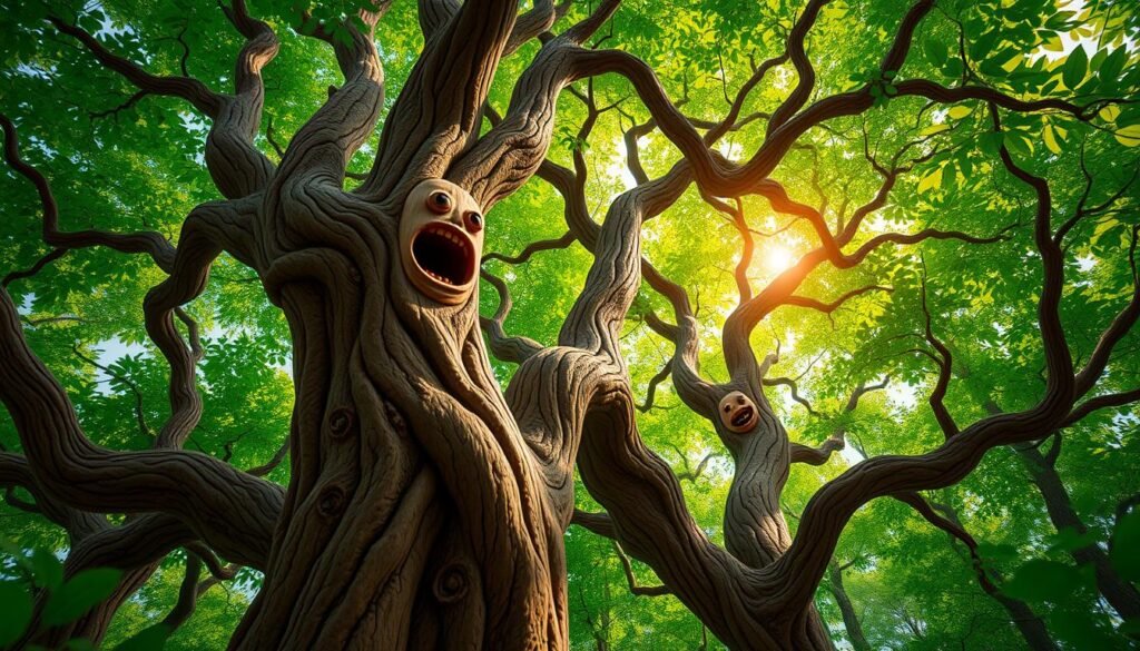 A dense, lush forest canopy, sunlight filtering through the verdant leaves. Twisted, gnarled tree trunks in the foreground, their bark textured and weathered. Playful tree faces and expressions emerge from the branches, their eyes and mouths carved into the wood, exuding a whimsical, meme-like charm. The scene is captured with a wide-angle lens, emphasizing the depth and scale of the enchanted woodland. The mood is lighthearted and humorous, inviting the viewer to discover the hidden, meme-inspired visages nestled within the vibrant foliage.