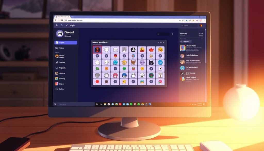 A desktop computer screen displaying the Discord app interface, with a prominent soundboard application open and ready to use. The soundboard features a grid of various meme-inspired audio buttons, each with a distinctive icon or visual representation. The screen is bathed in a soft, warm lighting, creating a cozy and inviting atmosphere. The composition places the soundboard in the center, with the Discord UI elements providing a contextual frame around it. The overall scene suggests a sense of playfulness and amusement, hinting at the endless entertainment possibilities offered by this meme soundboard integration within the popular communication platform.
