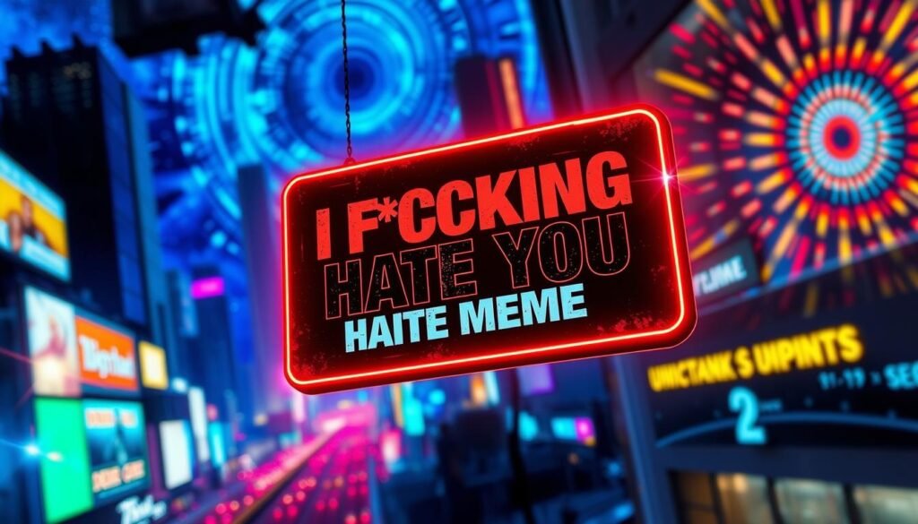 A digital download sign in the foreground, floating against a vibrant, neon-lit background. The sign features bold, stylized text reading "I F*CKING HATE YOU MEME" in a grungy, punk-inspired typeface. Lens flares, glowing edges, and a moody, atmospheric lighting create a dynamic, eye-catching composition. The middle ground features a blurred cityscape with towering skyscrapers, neon billboards, and a sense of urban chaos. In the background, a night sky filled with swirling, abstract patterns and bursts of color, conveying a sense of energy and excitement. The overall mood is bold, irreverent, and visually striking, perfectly capturing the spirit of the "I F*cking Hate You" meme.