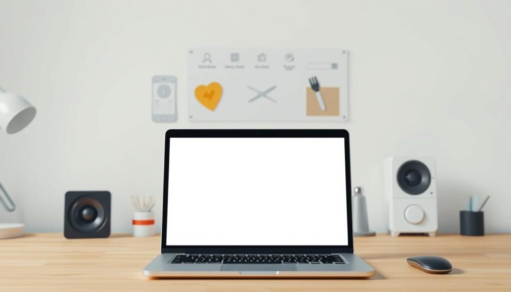 A digital workspace with a clean, minimalist aesthetic. In the foreground, a laptop displays a simple meme template with a blank white background, ready to be customized. The middle ground features neatly organized digital tools and icons, suggesting an efficient workflow. The background showcases a soft, diffused lighting, creating a calming and focused atmosphere. The overall composition conveys a sense of productivity and ease of access to popular meme templates, inviting the viewer to engage and create their own captivating content.