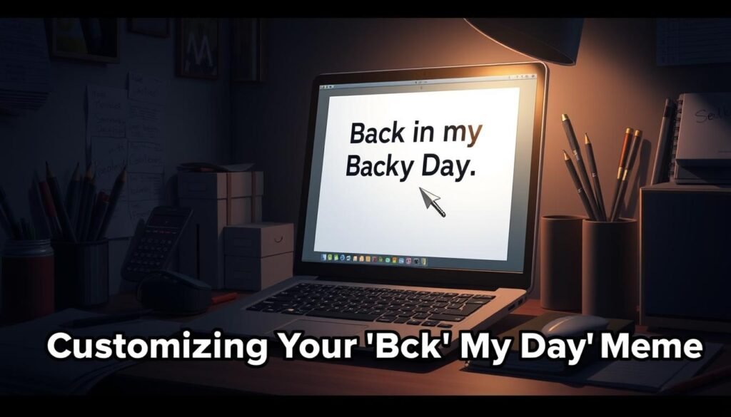 A dimly lit desktop workspace, with a laptop and various office supplies arranged neatly. On the laptop screen, an open image editing application, ready to customize a "Back in My Day" meme. The cursor hovers over the text, awaiting the user's creative touch. The scene is illuminated by a soft, warm light, casting subtle shadows and creating a cozy, focused atmosphere. The overall composition suggests a moment of thoughtful, playful meme-making, capturing the essence of the "Customizing Your 'Back in My Day' Meme" section.