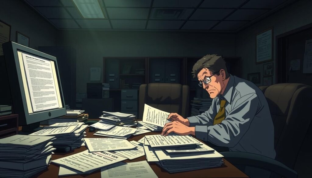 A dimly lit government office, papers and folders scattered across a cluttered desk. A veteran, weary but determined, navigates the complex VA claims process, surrounded by piles of documents and a computer screen displaying arcane forms. In the background, a vague sense of bureaucratic maze, with shadows of filing cabinets and the faint glow of fluorescent lights. The mood is one of frustration and perseverance, as the veteran tackles the challenges of obtaining the deserved TERA memorandum.