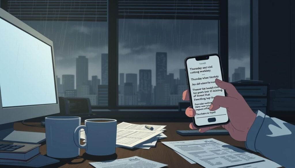 A dimly lit office space, with a desktop computer and scattered papers on a cluttered desk. In the foreground, a mug of lukewarm coffee and a stressed employee's hand holding a smartphone, scrolling through sarcastic and relatable Tumblr memes about the trials and tribulations of Thursday workdays. The background features a large window overlooking a dreary, rain-streaked cityscape, conveying a sense of melancholy and the universal experience of the midweek grind. Soft, moody lighting casts dramatic shadows, adding to the pensive atmosphere. The overall scene captures the mood of the "Tumblr: Sarcastic and Specific Memes" section, reflecting the article's subject of "Thursday Work Memes."