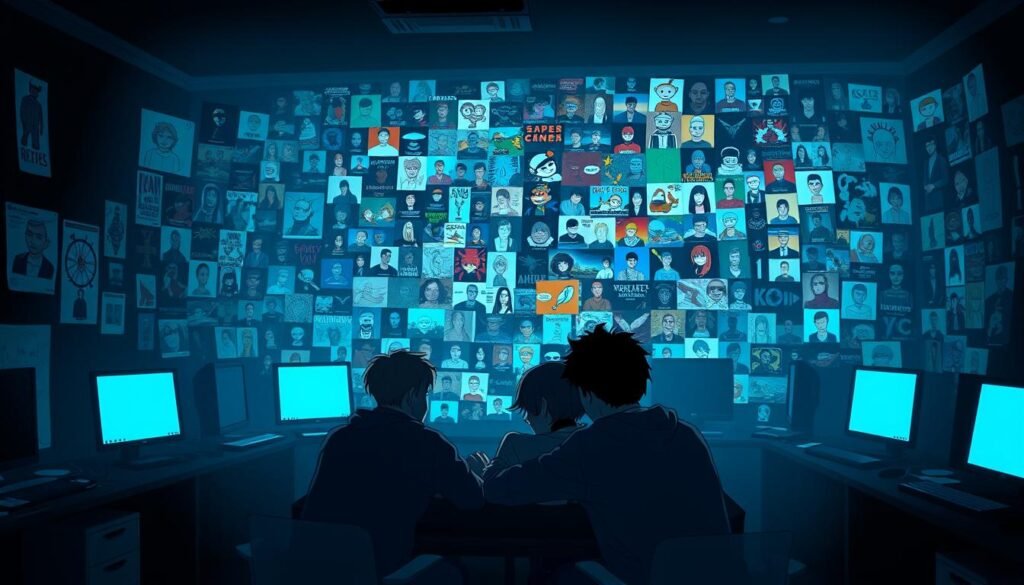 A dimly lit room filled with the glow of computer screens, where meme-makers gather to curate the most audacious and irreverent digital humor. In the foreground, a group of friends huddle around a table, their faces illuminated by the bluish light, as they exchange a barrage of witty, off-color jokes. In the middle ground, a sprawling collage of memes and GIFs covers the walls, each one more outrageous than the last. The background is shrouded in shadows, hinting at the boundless, uncensored expanse of the Reddit universe, where the boundaries of taste are constantly pushed and challenged.