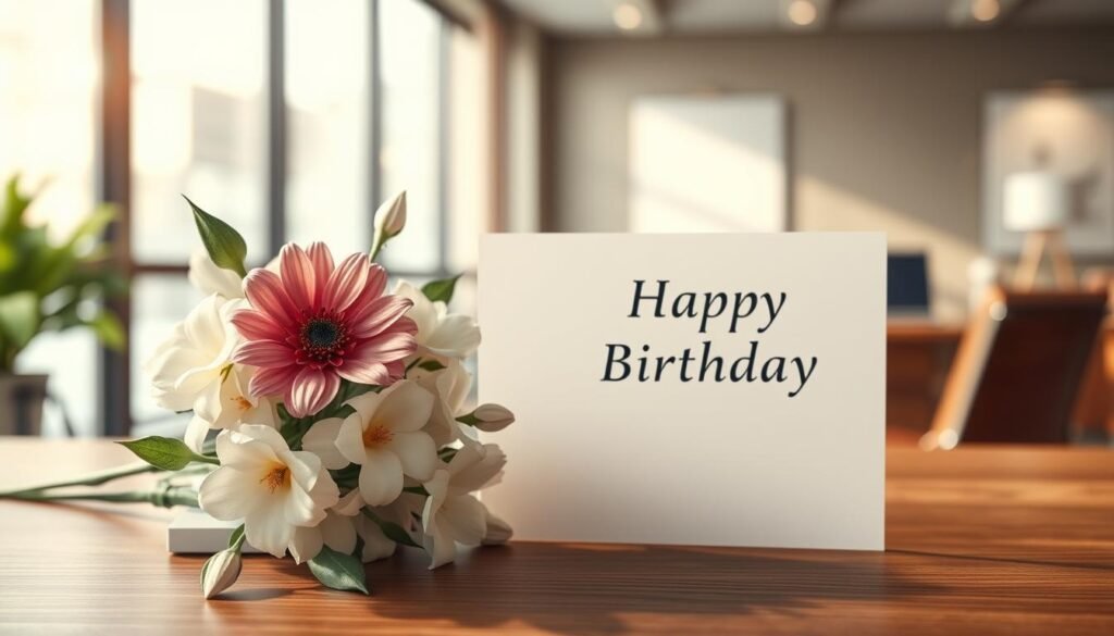A elegant, professionally designed birthday card with a sophisticated floral arrangement in the foreground. The card is situated on a wooden desk or table, with a subtle, natural lighting creating a warm, inviting atmosphere. The background features a blurred, neutral office setting, conveying a sense of a professional work environment. The overall composition exudes a polished, understated elegance suitable for wishing a coworker a happy birthday.