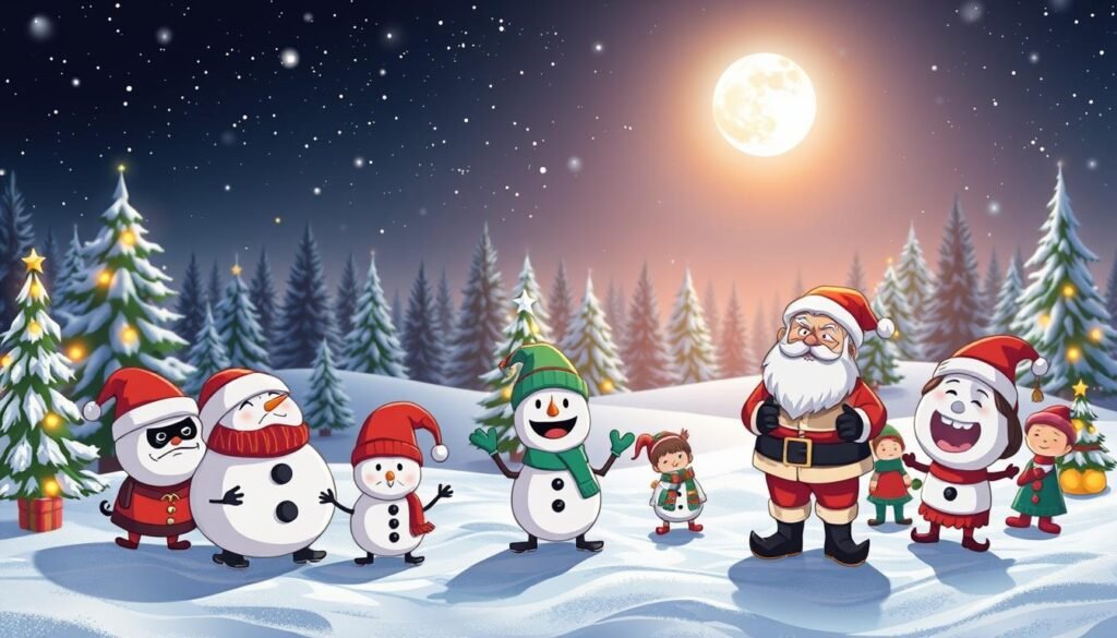 A festive scene of humorous holiday memes set against a cozy winter backdrop. In the foreground, a whimsical collection of meme-inspired characters and icons, such as a grumpy Santa, a sarcastic snowman, and a sassy elf, all playfully interacting. The middle ground features a lightly snowy landscape with twinkling lights and stylized Christmas trees. The background showcases a starry night sky with a full moon, creating a warm, inviting atmosphere. The lighting is soft and natural, with highlights that accentuate the playful, lighthearted mood. The overall composition is balanced and visually engaging, capturing the essence of "holiday humor memes" in a visually captivating way.