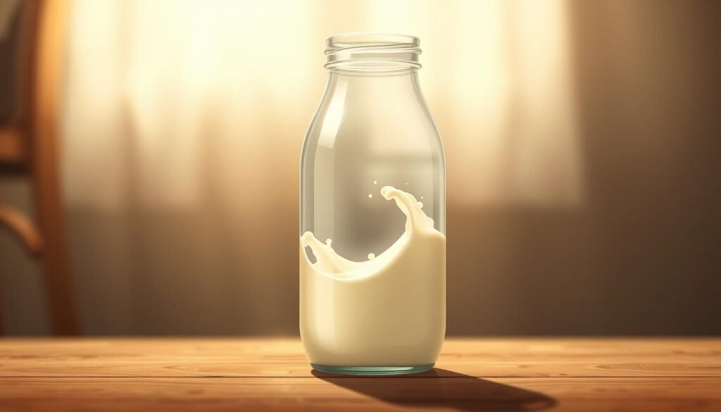 A glass bottle filled with fresh, creamy milk, sitting on a wooden surface. The bottle is illuminated by a soft, diffused light, casting subtle shadows and highlights that accentuate its form. The milk inside gently swirls, creating a subtle, melodic "sloshing" sound effect. The background is blurred, with a warm, hazy atmosphere that suggests a cozy, nostalgic setting. The overall scene evokes a sense of comforting familiarity, inviting the viewer to imagine the satisfying sound of pouring a refreshing glass of milk.