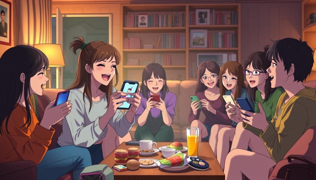 A group of friends gathered around a cozy living room, passing their phones back and forth, bursting into laughter as they share the latest "Back in My Day" memes on popular social apps. The warm lighting casts a soft glow, creating an intimate, nostalgic atmosphere. In the foreground, a young woman holds her phone up, her expression animated as she reacts to the meme. Her companions lean in, their faces illuminated by the glow of their own devices. The middle ground features a coffee table cluttered with snacks and beverages, reflecting the casual, social setting. In the background, shelves lined with books and framed memories suggest a lived-in, homely space. The overall scene conveys a sense of shared amusement and camaraderie as this group of friends indulge in the timeless joy of meme sharing.