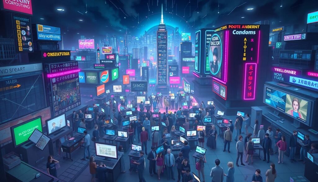 A hyper-detailed, cinematic, wide-angle view of the internet's chaotic reaction to a provocative online phenomenon. In the foreground, a torrent of emotive digital reactions - animated GIFs, furious tweets, over-the-top memes, and rapid-fire comment section debates. In the middle ground, a swirling vortex of social media platforms, news headlines, and viral video thumbnails. In the distant background, an expansive cyberpunk cityscape pulsing with neon data streams and digital distortion. Dramatic cinematic lighting, moody color grading, and a sense of overwhelming sensory overload.