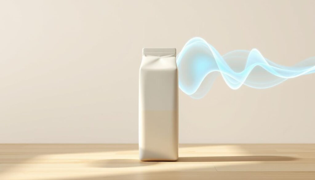 A hyper-realistic, high-resolution image of a milk carton or bottle emitting a dynamic, vibrant sound wave effect. The milk container is placed in the foreground, casting soft shadows and highlights that create a three-dimensional, tactile appearance. The sound wave radiates outward from the milk container, depicted as a series of undulating, translucent lines that convey a sense of movement and energy. The background is a minimalist, neutral setting, allowing the milk and sound effect to be the primary focus. Crisp, natural lighting illuminates the scene, enhancing the visual impact and creating an immersive, cinematic atmosphere.