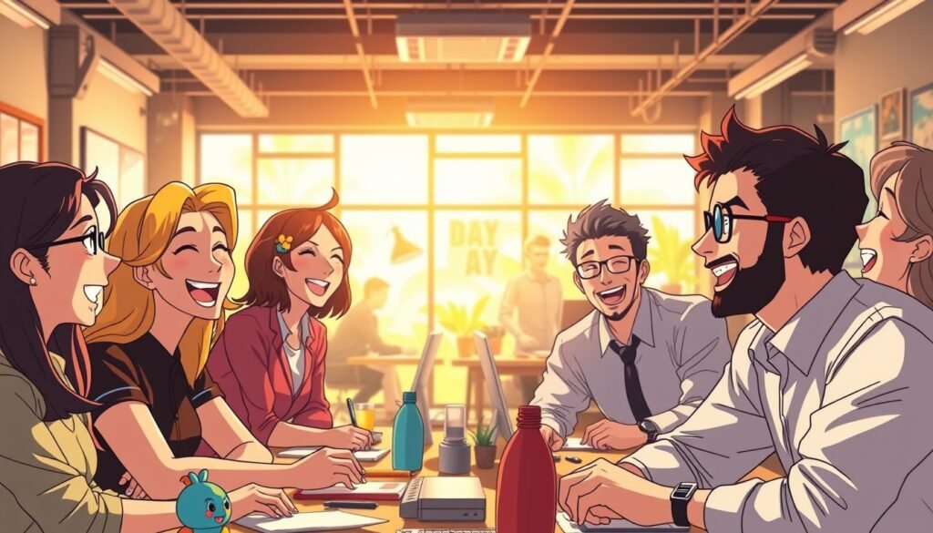 A lively office setting, bathed in warm, natural lighting. In the foreground, a group of colleagues engaged in a lighthearted conversation, their faces animated with genuine laughter. The middle ground features a mix of desk setups, each with its own personality - a quirky desk toy here, a motivational poster there. In the background, a vibrant, open-plan workspace, with pops of color and playful decor elements that contribute to an overall atmosphere of camaraderie and joy. The scene conveys a sense of spontaneity and genuine enjoyment, capturing the power of humor to foster a positive, productive work environment.