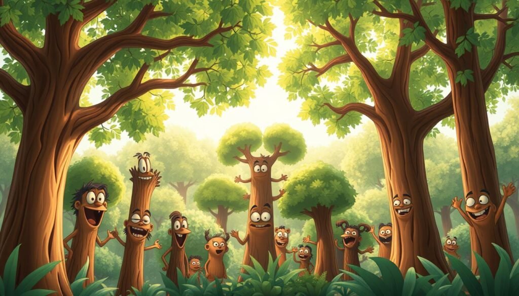 A lush, verdant forest canopy filled with a delightful collection of whimsical, animated tree characters engaged in comedic hijinks. Dappled sunlight filters through the foliage, casting a warm, playful glow. In the foreground, a cluster of mischievous, anthropomorphized trees make exaggerated expressions and gestures, embodying a range of relatable, laugh-inducing situations. The middle ground features a diverse array of tree species, each with its own unique personality and humorous pose. In the background, the dense forest backdrop creates a sense of depth and natural wonder, setting the stage for this enchanting tree meme world.