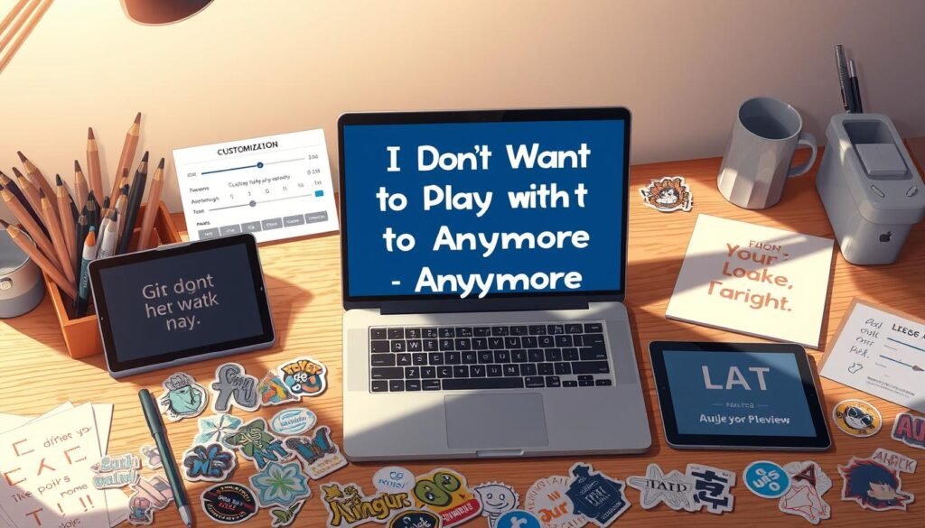 A neatly arranged workspace with a laptop, tablet, and various stationery items. On the screen, a digital font customization interface with sliders, presets, and a live preview. Surrounding the laptop are an assortment of stickers, each with a unique design and texture, ready to be applied to the digital artwork. Soft, natural lighting creates a warm, creative atmosphere, inviting the viewer to engage with the customization process. The overall scene conveys a sense of artistic expression and personalization, hinting at the flexibility and creativity inherent in the "I Don't Want to Play with You Anymore" meme customization.
