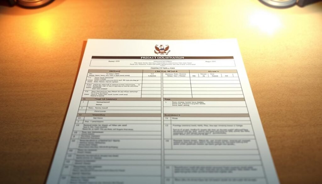 A neatly organized military documentation template, illuminated by warm, focused lighting. The foreground displays a crisp, clean layout with precise formatting, headers, and sections for crucial details. In the middle ground, subtle military insignia and watermarks add an official, authoritative touch. The background features a softly blurred, textured paper-like surface, conveying a sense of professionalism and attention to detail. The overall mood is one of efficiency, organization, and the precise record-keeping essential for military operations.