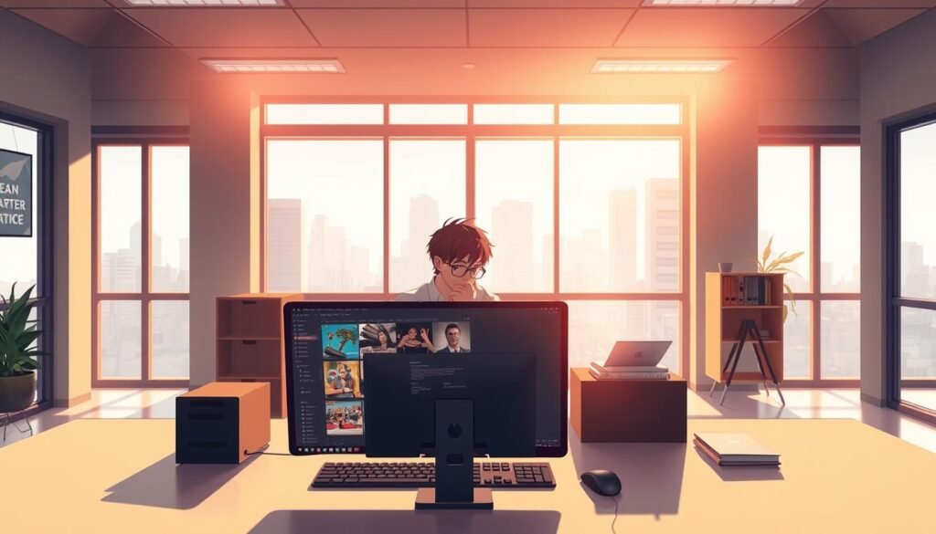A nondescript office space, bathed in warm, diffused lighting from large windows. In the foreground, a desk with a sleek, modern meme generator software interface open, its elegant UI inviting exploration. The middle ground features a thoughtful creator, lost in concentration as they curate and refine their masterpiece. The background reveals a cityscape, hinting at the global reach and potential of this versatile tool beyond its memetic origins.