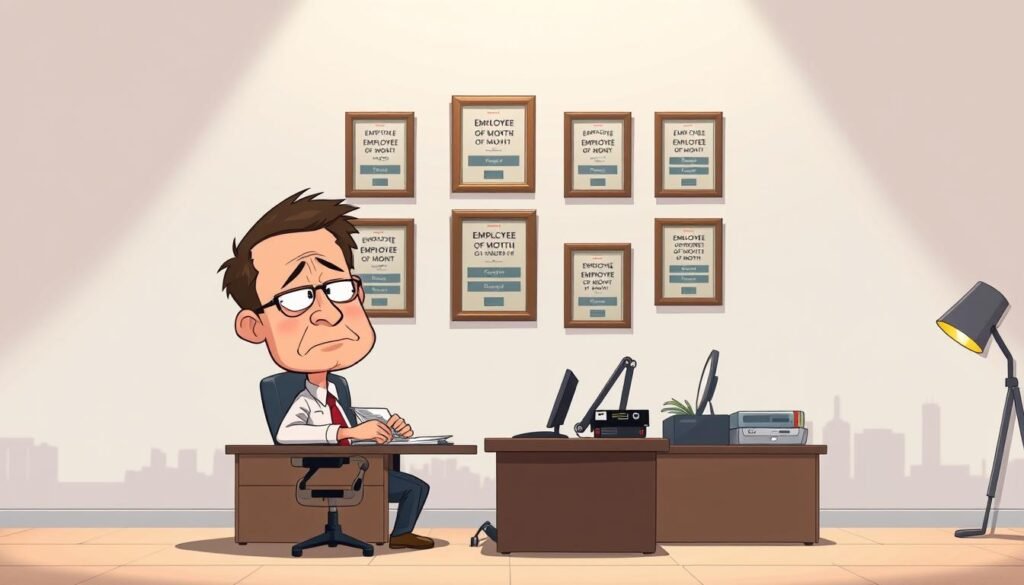 A sarcastic, office-themed meme composition set against a minimalist, pastel-tinted background. In the foreground, a caricatured office worker sits at a cluttered desk, their exaggerated facial expression conveying a sense of weary resignation. The middle ground features a wall of framed "Employee of the Month" awards, arranged in a sardonic display. The background is softly lit, with muted tones and a subtle, officescape silhouette, creating a subdued yet subtly humorous atmosphere. The overall scene evokes the sarcastic, tongue-in-cheek perspective of an employee marking a work anniversary with a touch of workplace cynicism.