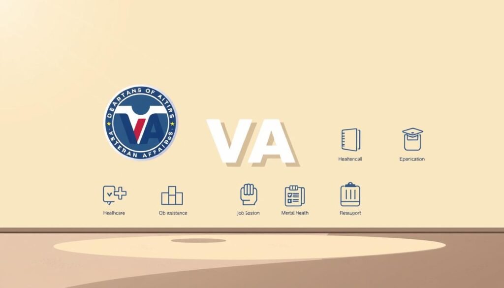 A serene and minimalist illustration showcasing various VA (Department of Veterans Affairs) resources for U.S. veterans. In the foreground, a stylized, modern VA logo hovers against a soft, muted background. Surrounding it are simple icons representing key VA services such as healthcare, education benefits, job assistance, and mental health support. The middle ground features a clean, geometric layout with subtle textures, conveying a sense of professionalism and organization. In the background, a warm, neutral color palette creates a calming, inviting atmosphere, emphasizing the VA's role in providing essential resources and support for those who have served. Subtle lighting from the top-left casts a gentle glow, highlighting the key elements without distracting from the overall simplicity and clarity of the design.