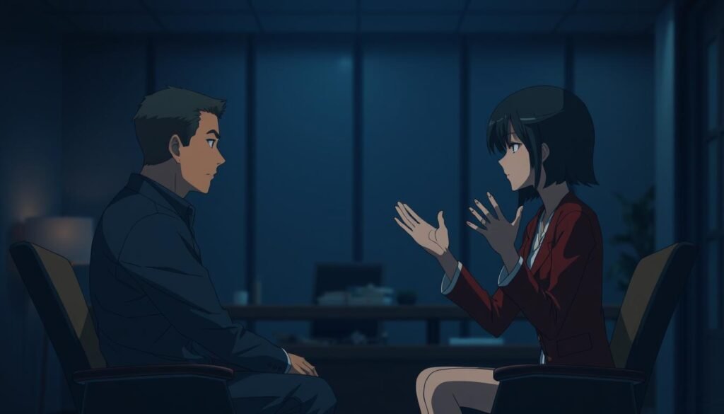 A serene, dimly lit office setting with muted tones and soft lighting. In the foreground, two people sit facing each other, one with a calming, patient expression, the other with hands raised in a de-escalating gesture. The background is blurred, emphasizing the interpersonal interaction. The scene conveys a sense of resolution, with the figures appearing to navigate a tense situation through measured dialogue and body language. Realistic, cinematic, and visually compelling.