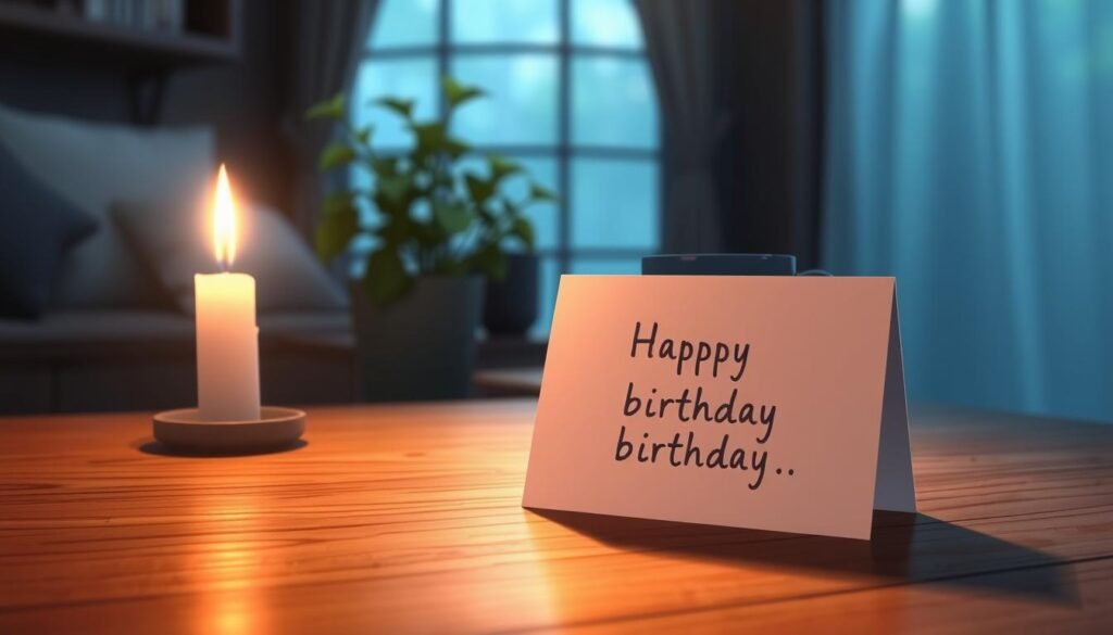 A serene, dimly lit setting with a wooden table in the foreground, upon which rests a birthday card. The card's surface reflects the warm glow of a single candle, casting a soft, contemplative light. In the middle ground, a potted plant and a cup of tea or coffee suggest a cozy, introspective atmosphere. The background is blurred, creating a sense of focus on the central elements. The overall mood is one of thoughtful, understated celebration, inviting the viewer to imagine a heartfelt message inscribed within the card.