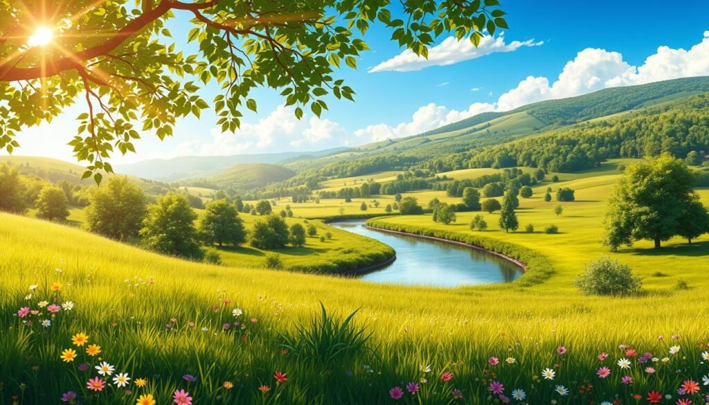 A serene landscape on a sunny Saturday morning, with a vibrant green meadow in the foreground, dotted with colorful wildflowers. In the middle ground, a gently winding stream reflects the clear blue sky, its banks lined with lush, verdant foliage. In the background, a range of rolling hills, their slopes covered in a patchwork of forests and fields, create a picturesque and tranquil scene. The warm, golden sunlight filters through the leaves, casting a soft, natural glow over the entire setting, conveying a sense of peace and relaxation, perfect for a weekend meme celebrating the simple joys of nature.