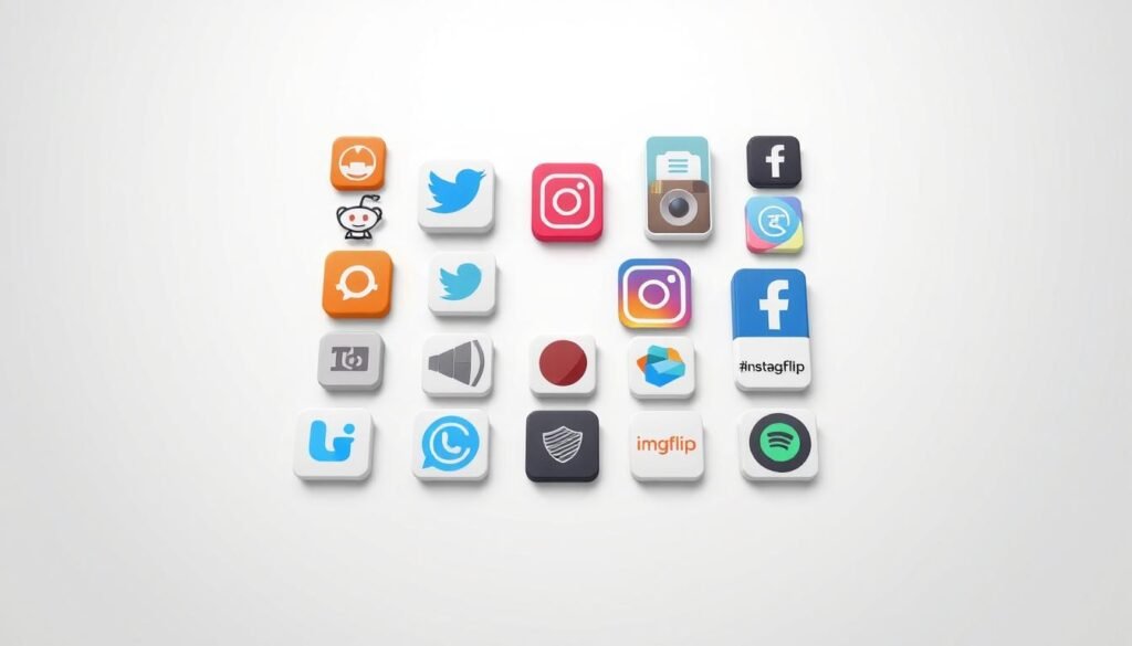 A sleek, modern arrangement of popular meme platforms and sharing apps, arranged on a minimalist, light-colored background. The foreground features neatly stacked icons and logos of well-known meme sites and social media, including Reddit, Twitter, Instagram, Imgflip, and Meme Generator. The middle ground showcases a clean grid layout, with the icons evenly spaced and perfectly aligned. The background has a soft, subtle gradient, creating a sense of depth and emphasizing the simplicity of the design. The overall image conveys a sense of organization, accessibility, and the versatility of meme-sharing platforms, suitable for a guide on finding and downloading funny adult memes.