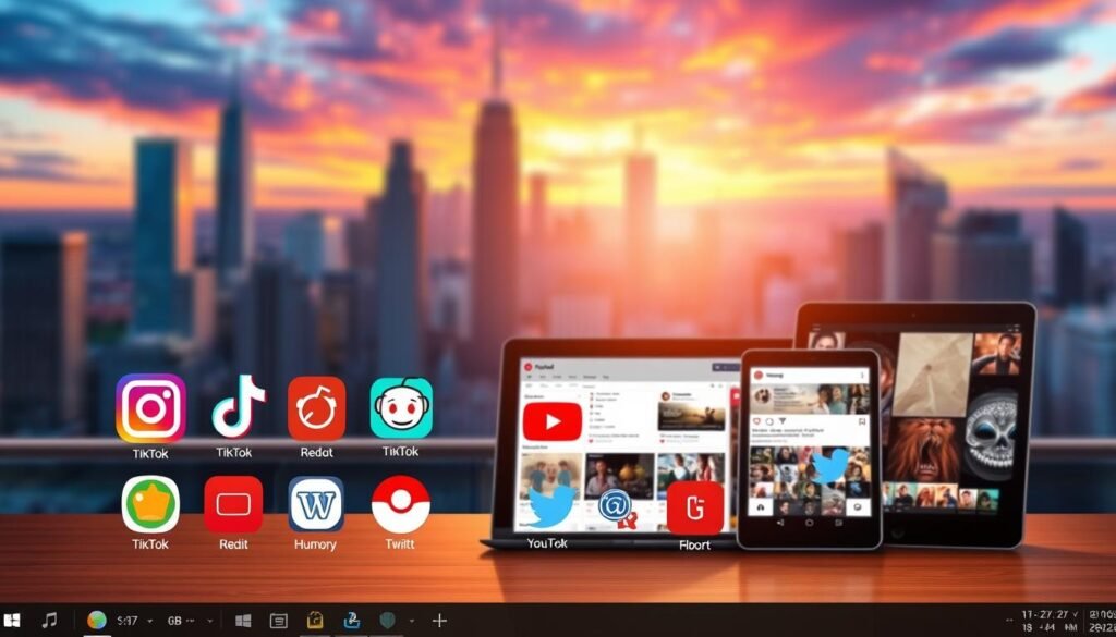 A sleek, modern desktop interface showcasing a grid of popular social media and content sharing platforms. The foreground features vibrant, high-resolution icons for platforms like Instagram, TikTok, YouTube, Reddit, and Twitter, arranged in an eye-catching layout. The middle ground depicts a stylish, minimalist workspace with a laptop, smartphone, and tablet displaying trending content. In the background, a blurred cityscape with skyscrapers and a vibrant, sunset-drenched sky creates a dynamic, energetic atmosphere. Warm, diffused lighting from various angles highlights the crisp details and clean, sophisticated design. The overall composition conveys the idea of discovering and sharing the latest viral, humorous adult memes across top social media channels.
